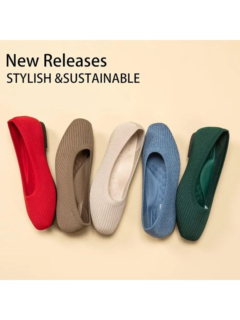 Women's Green Comfortable Slip on Washable Square Toe Ballet FlatsShoes for Work